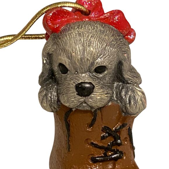 Vintage Puppy Dog with red bow in a shoe Christmas Ornament - Picture 6 of 11